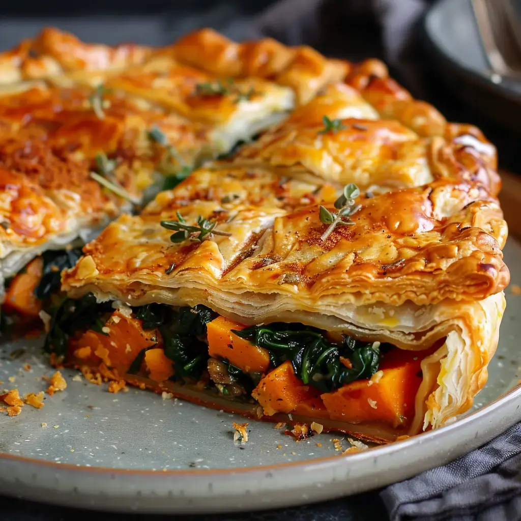 Tourte feuilletée aux légumes, dorée et appétissante, servie sur une assiette