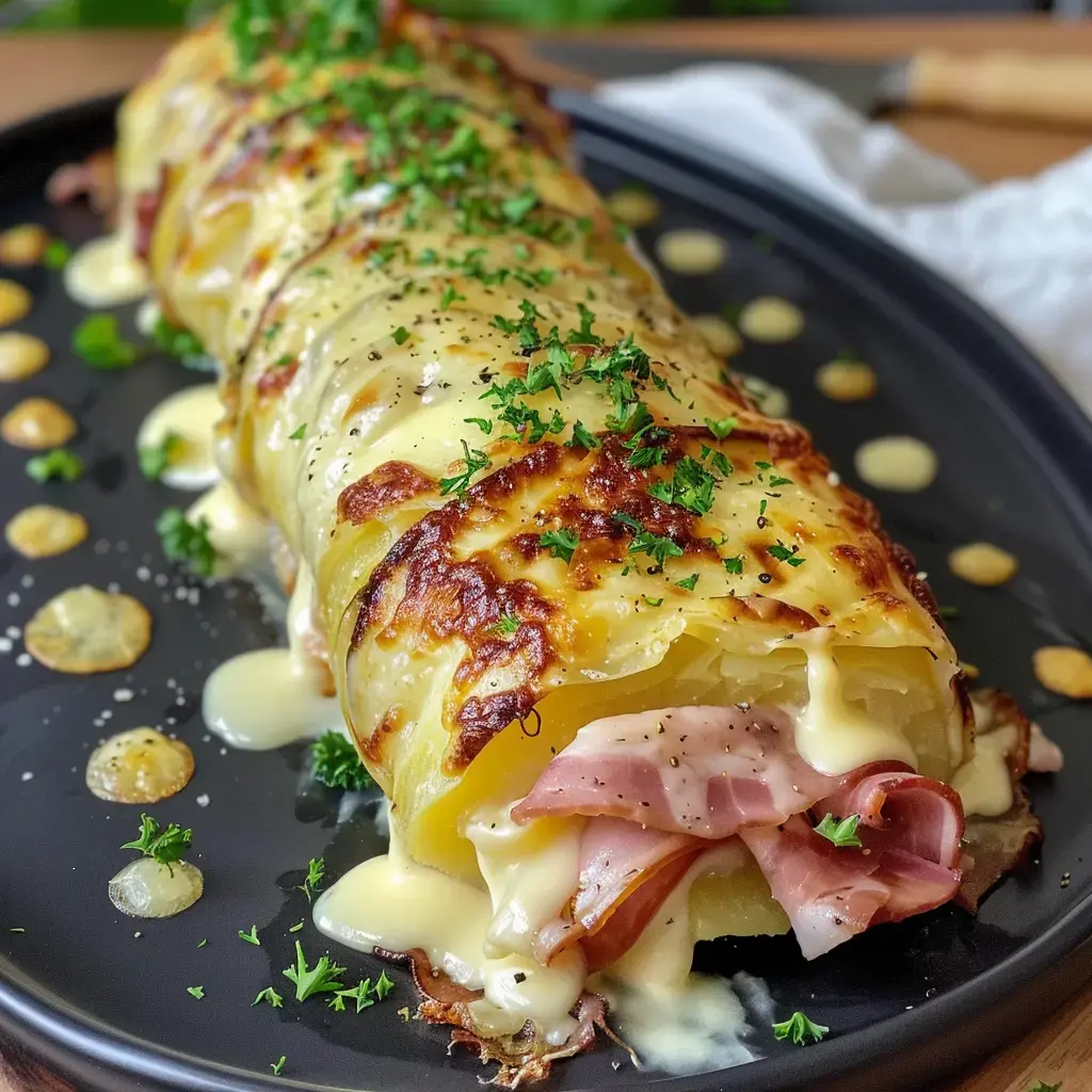 Un gratin roulé aux pommes de terre garni de reblochon fondu et de persil frais, présenté sur un plat de service rustique