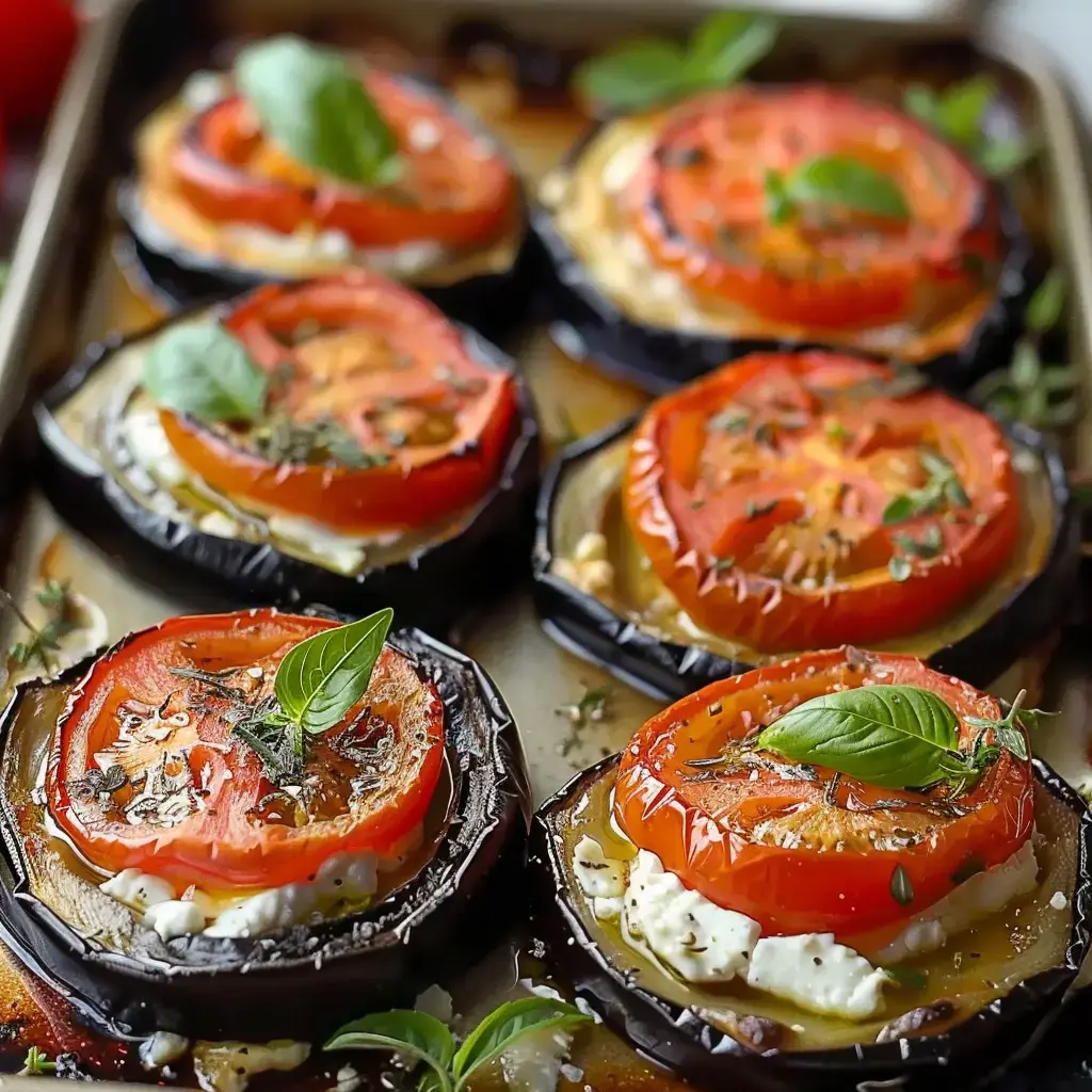 Tartelettes aux aubergines garnies de Rocamadour et tomates, parsemées d'herbes de Provence, en train de dorer au four