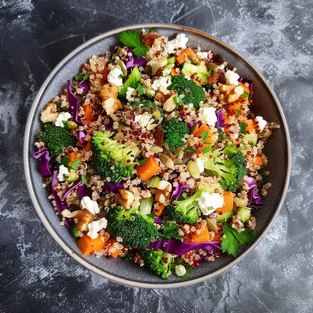 Salade colorée composée de quinoa, brocoli, carottes, chou rouge, noix et fromage frais.