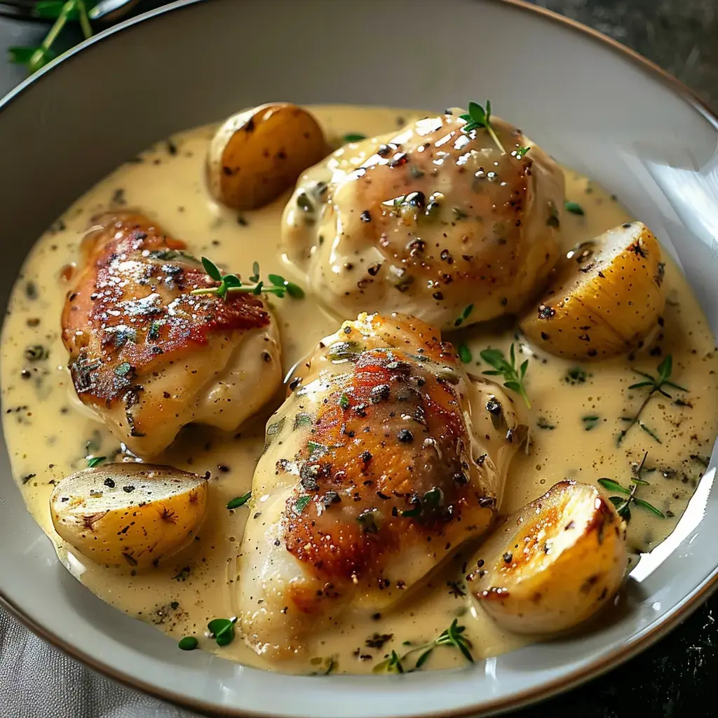 Poulet à la crème et moutarde servi avec des pommes de terre et fines herbes