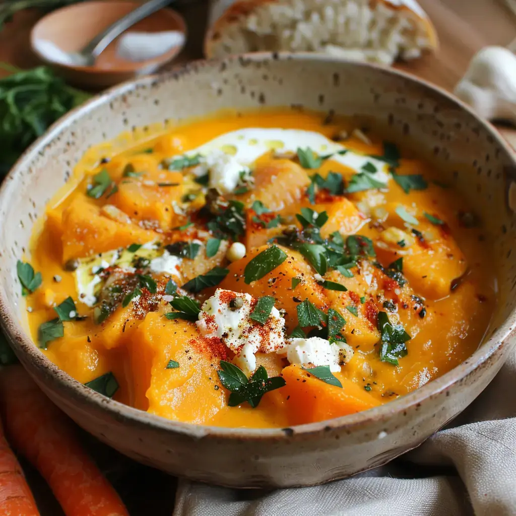 Un bol de velouté de potimarron garni de crème, fromage de chèvre et persil frais, accompagné de pain