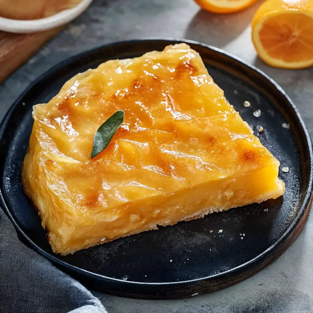 Une part de gâteau à l'orange servie sur une assiette noire, décorée d'une feuille de menthe et d'agrumes frais