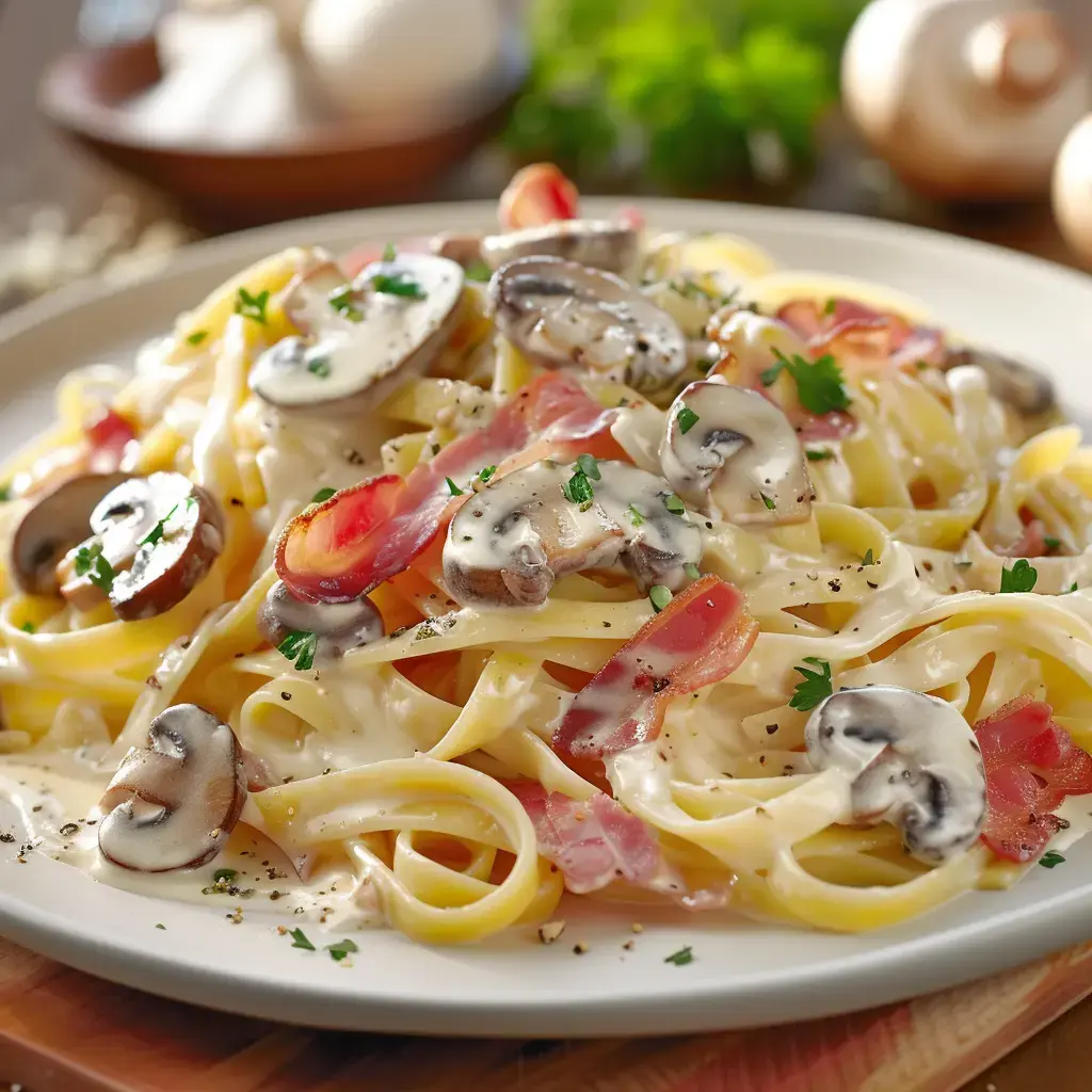 Tagliatelles à la carbonara aux champignons, parsemées de persil frais