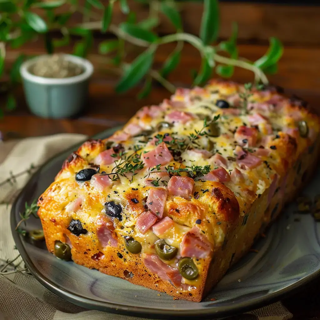 Un cake salé traditionnel français aux dés de jambon, olives et herbes de Provence, présenté sur un plat de service.