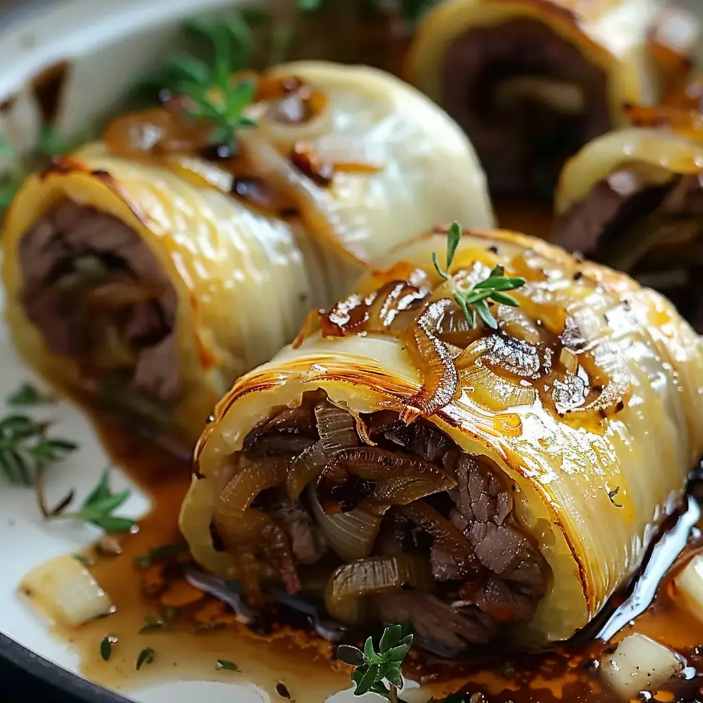 Roulades de boeuf gratinées garnies d'oignons caramélisés et nappées de sauce