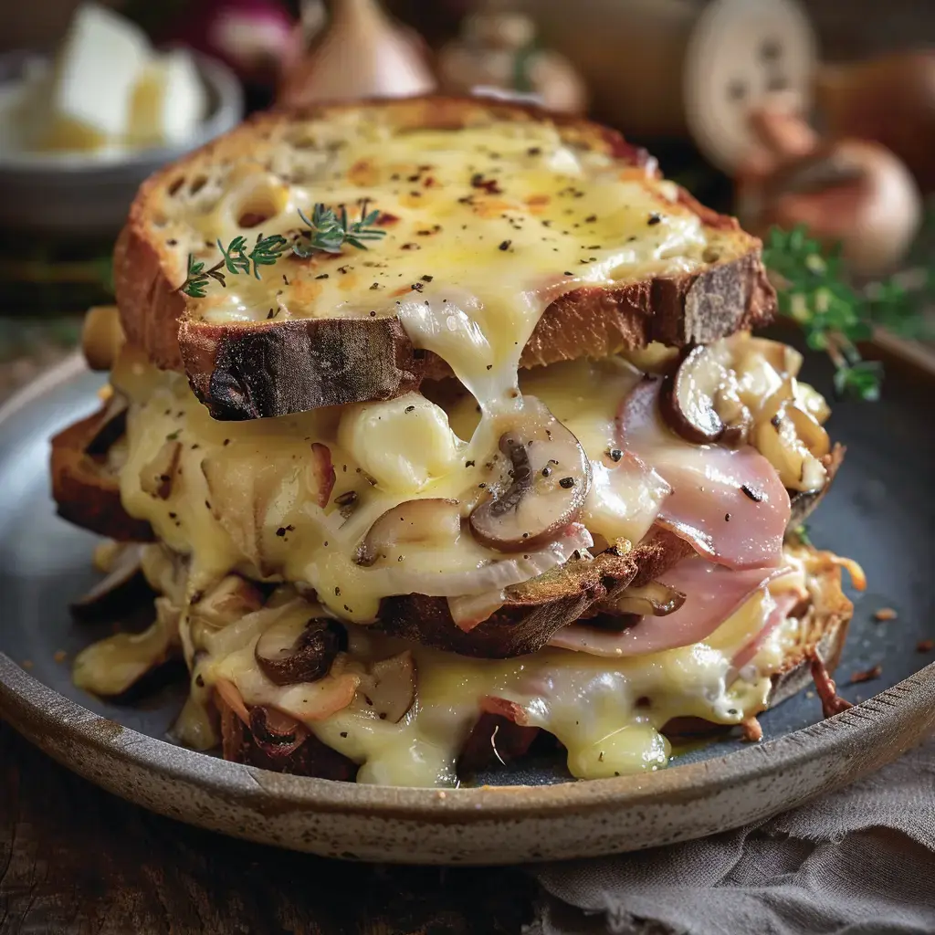 Croque-monsieur savoyard gratiné avec fromage fondant et herbes fraîches