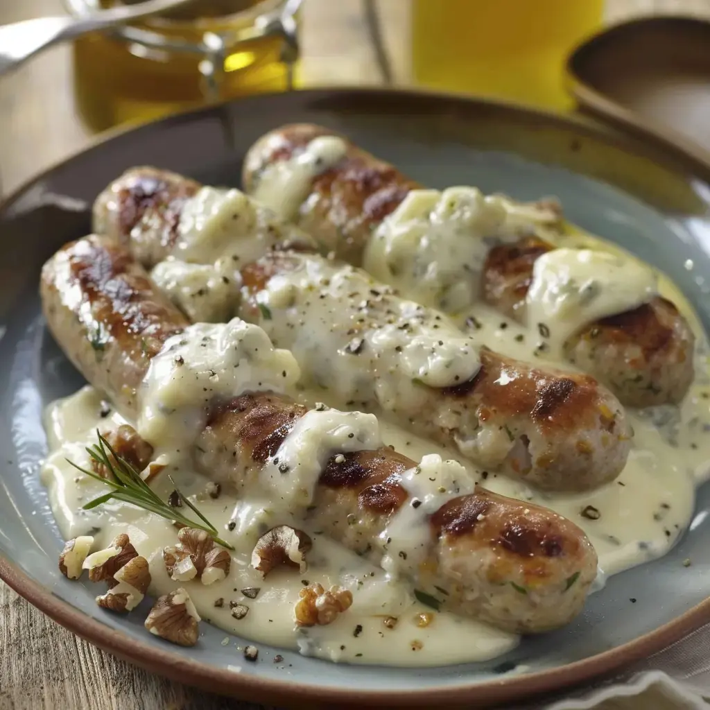 Boudins blancs nappés de sauce au fromage, parsemés de noix et d'herbes fraîches