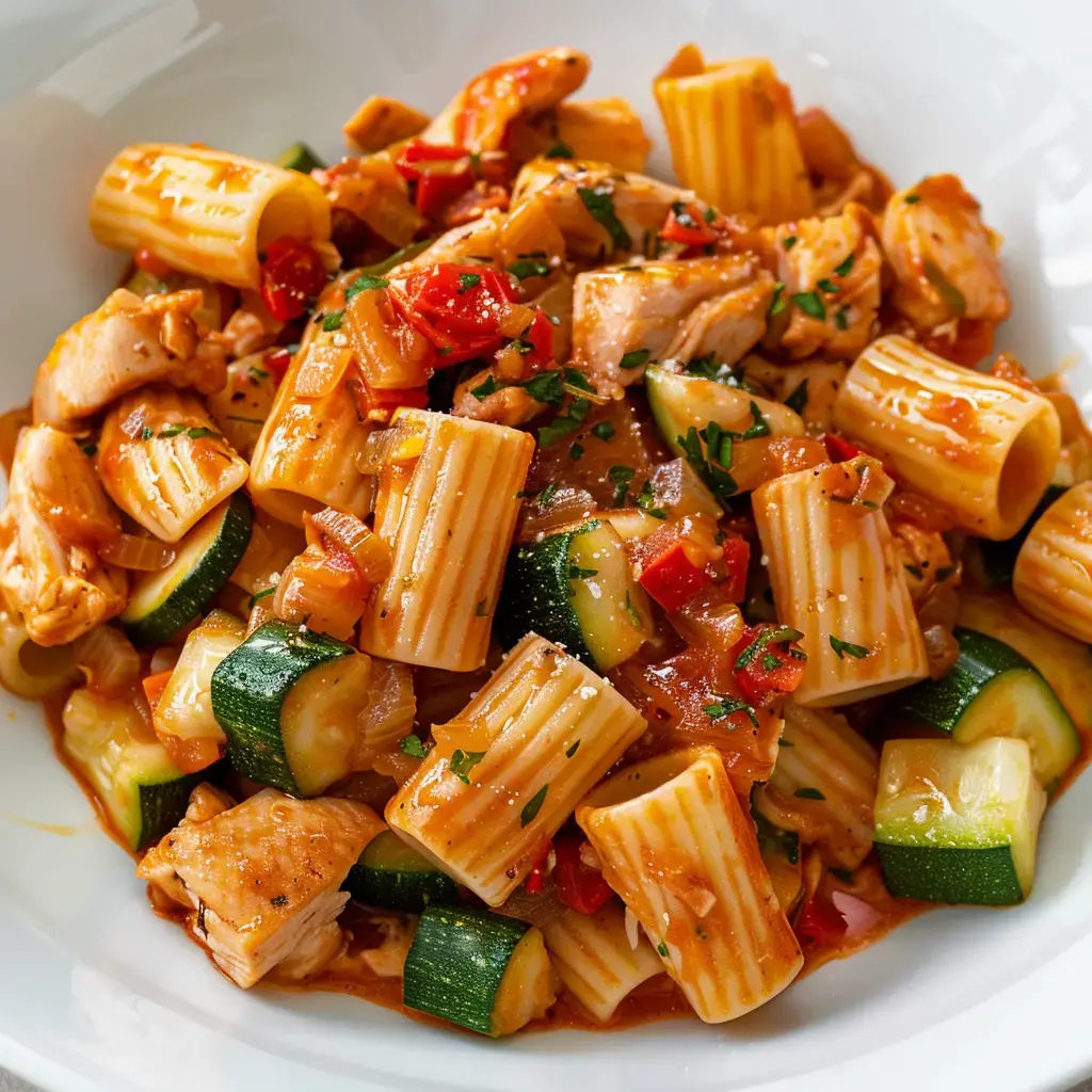 Un plat de pâtes farfalle accompagnées de poulet doré et de courgettes dans une sauce tomate onctueuse