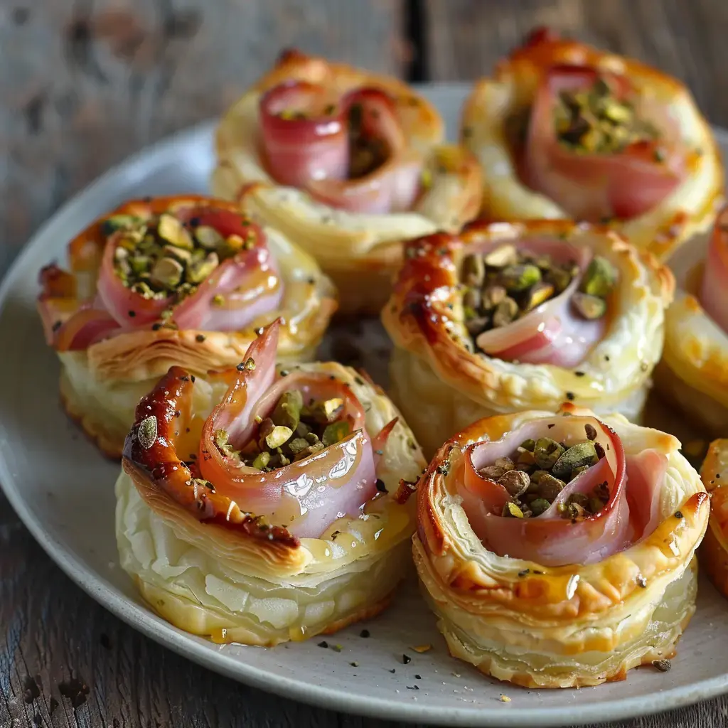 Des feuilletés en forme de rose garnis de jambon de Bayonne et pistaches sur une assiette.