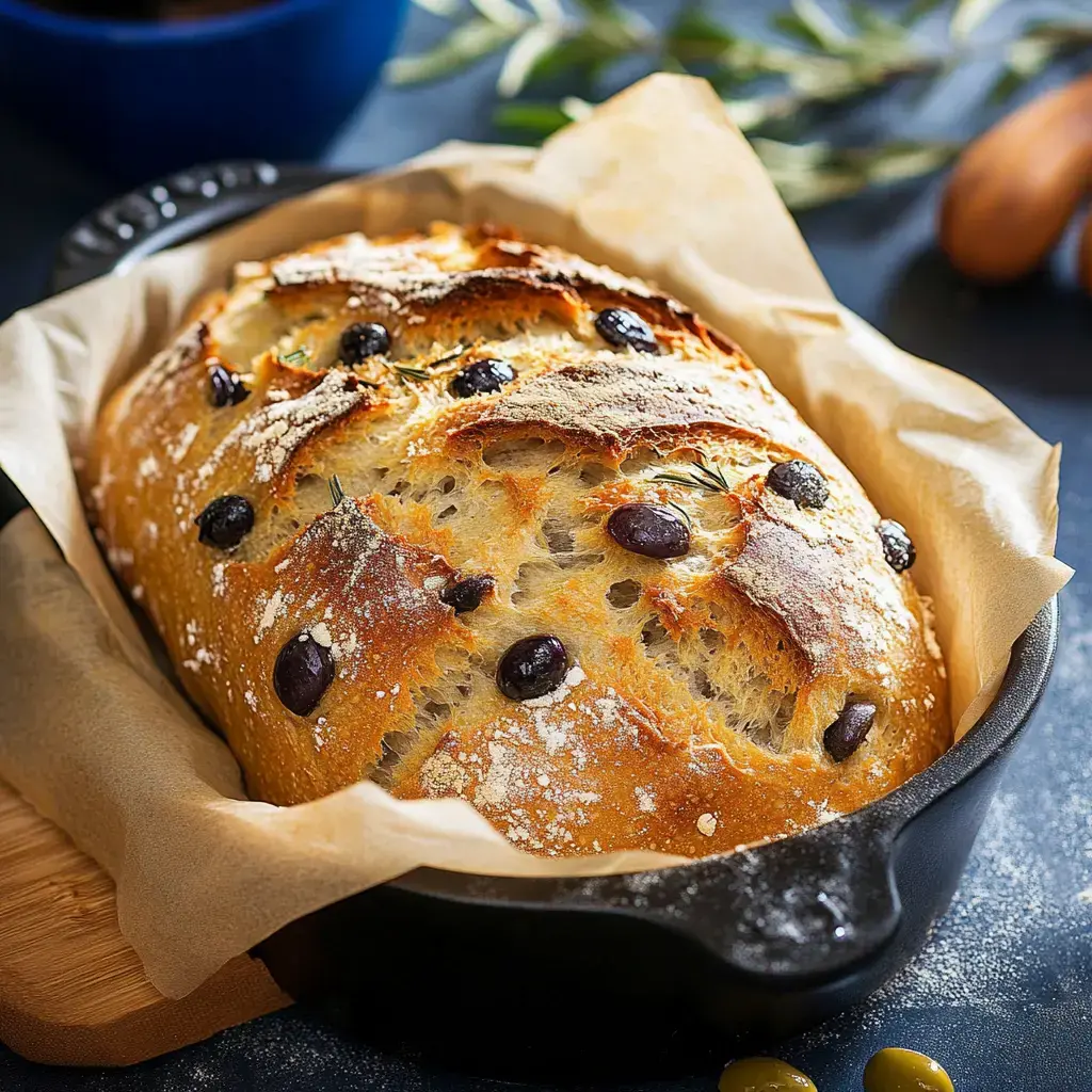 Pain aux olives artisanal doré, présenté dans une cocotte en fonte sur papier cuisson