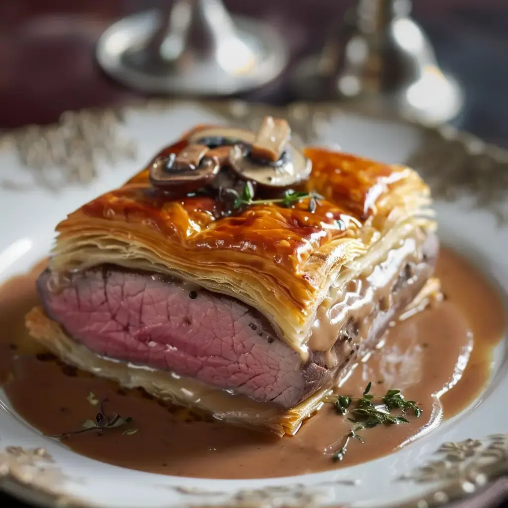 Filet mignon Wellington doré servi avec sa sauce aux morilles sur un plat de service en porcelaine