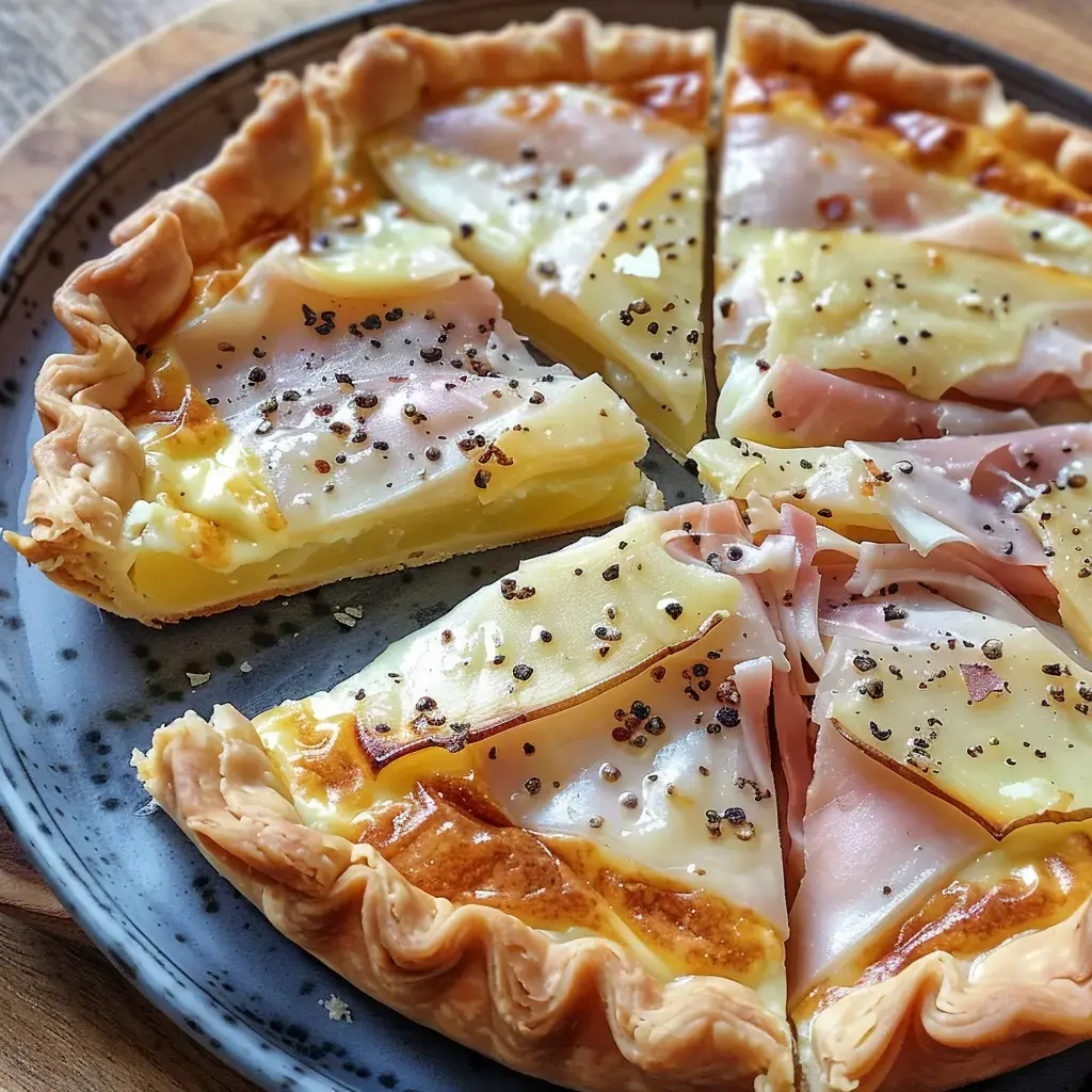 Tarte salée gratinée garnie de fromage fondu et de jambon, présentée sur un plat noir