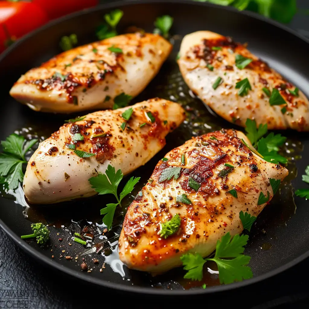 Filets de poulet dorés à la friteuse à air, parsemés d'herbes fraîches sur une assiette noire élégante