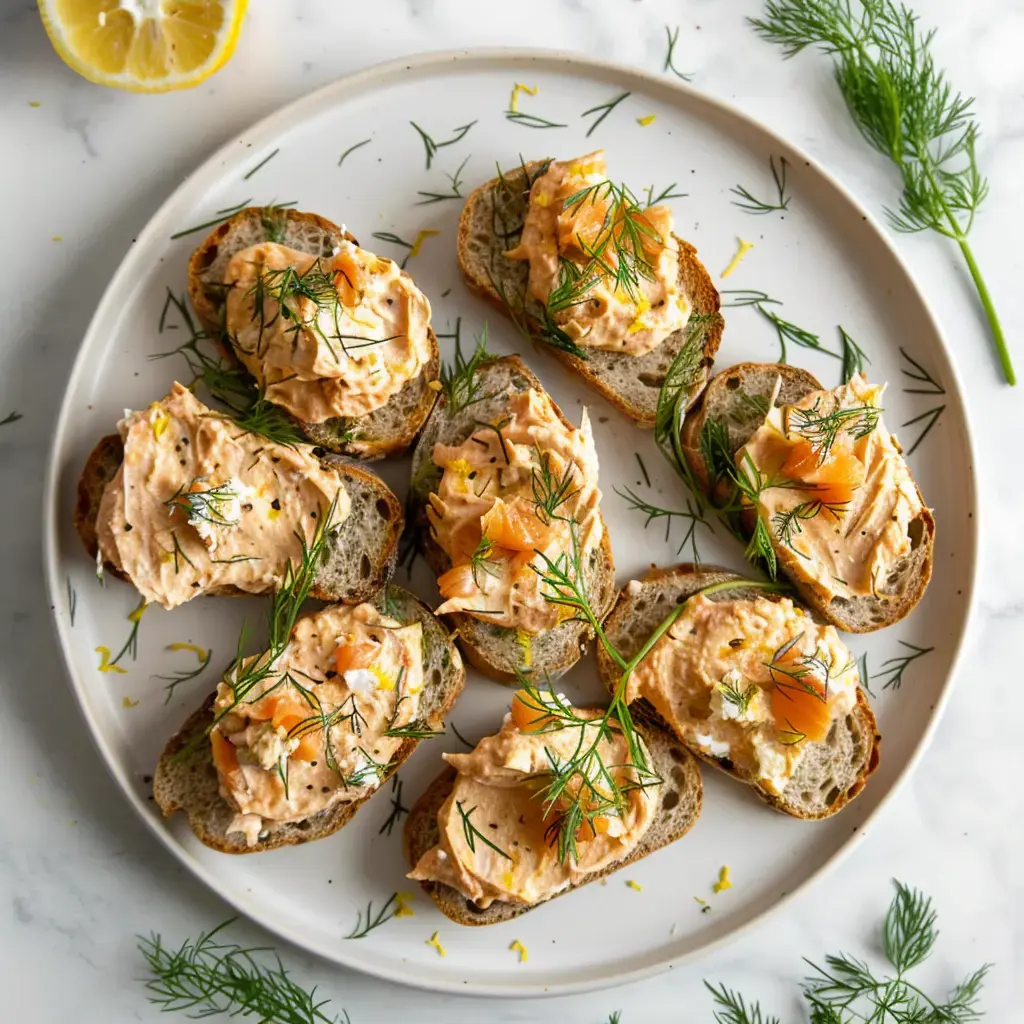 Tartines de pain Poilâne garnies de mousse au saumon et aneth frais