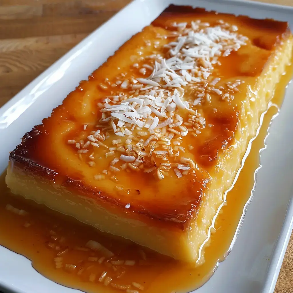 Un flan au caramel décoré de noix de coco râpée, présenté sur une assiette blanche.