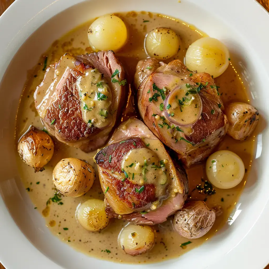 Une rouelle de porc mijotée à la moutarde, accompagnée d'oignons nouveaux dans une sauce onctueuse