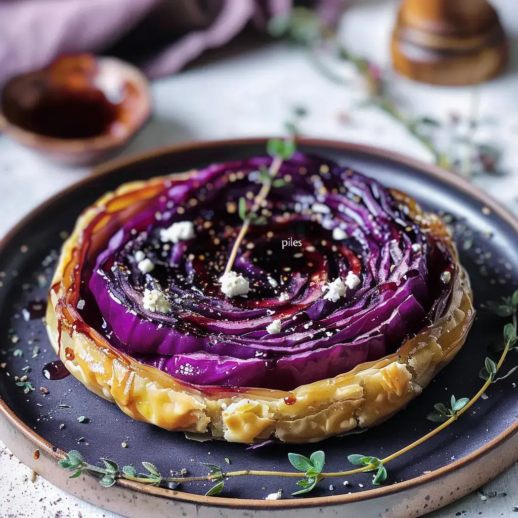 Tarte tatin au chou rouge caramélisé, parsemée de féta et décorée d'herbes fraîches