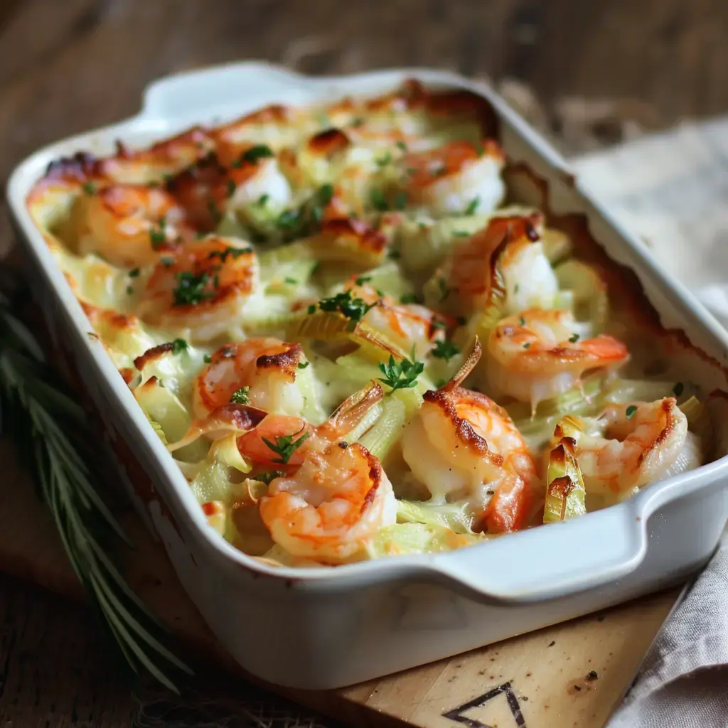 Cassolettes gratinées aux crevettes et poireaux garnies de persil frais