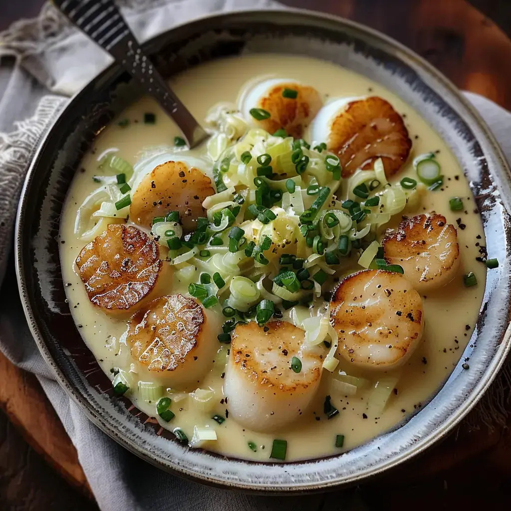 Coquilles Saint-Jacques dorées sur lit de fondue de poireaux crémeuse, parsemées de ciboulette fraîche