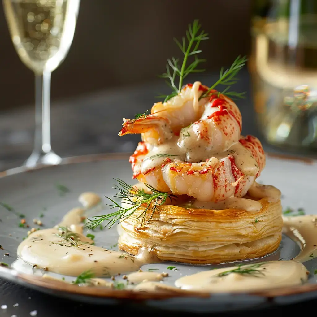 Vol-au-vent garni de homard bleu, nappé de sauce au champagne et décoré d'aneth frais