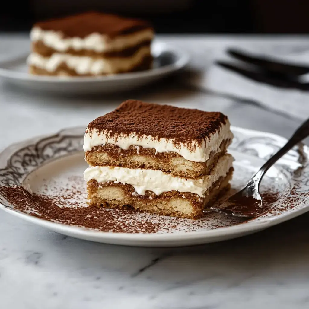 Une part de tiramisu sur une assiette en porcelaine, saupoudrée de cacao, avec une autre portion floue en arrière-plan