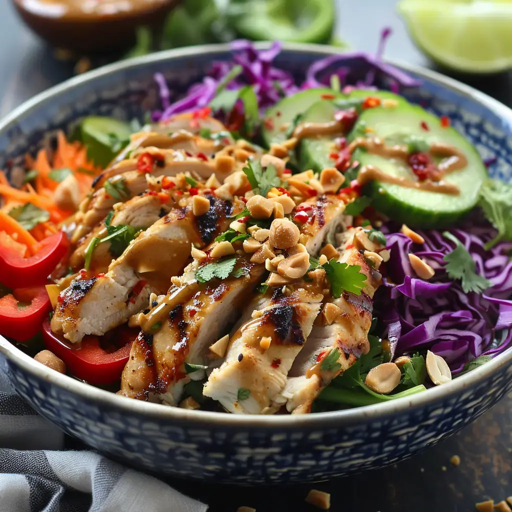 Salade thaïe colorée au poulet grillé, légumes croquants et sauce satay onctueuse, parsemée de cacahuètes grillées