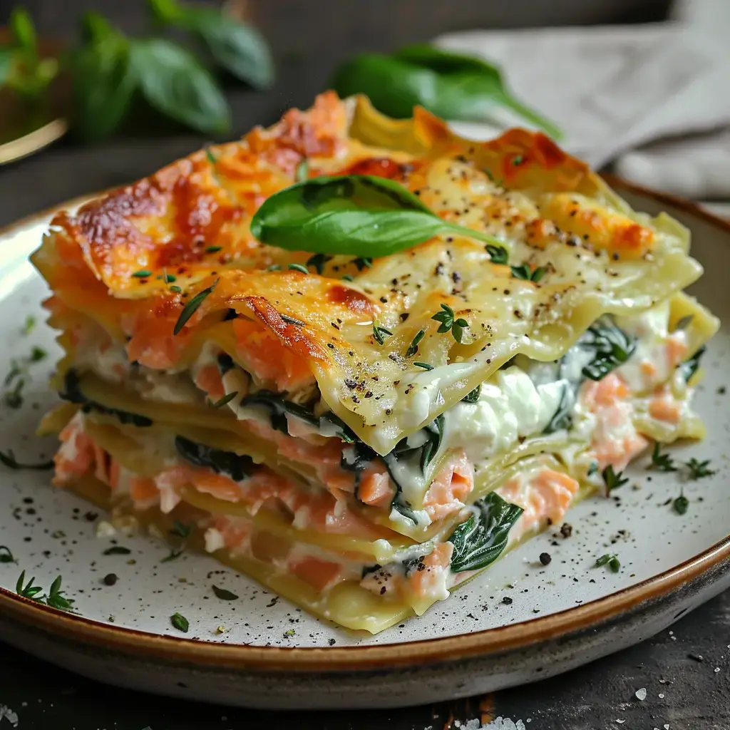 Lasagne au saumon et aux épinards, garnie de basilic frais, servie sur une assiette.