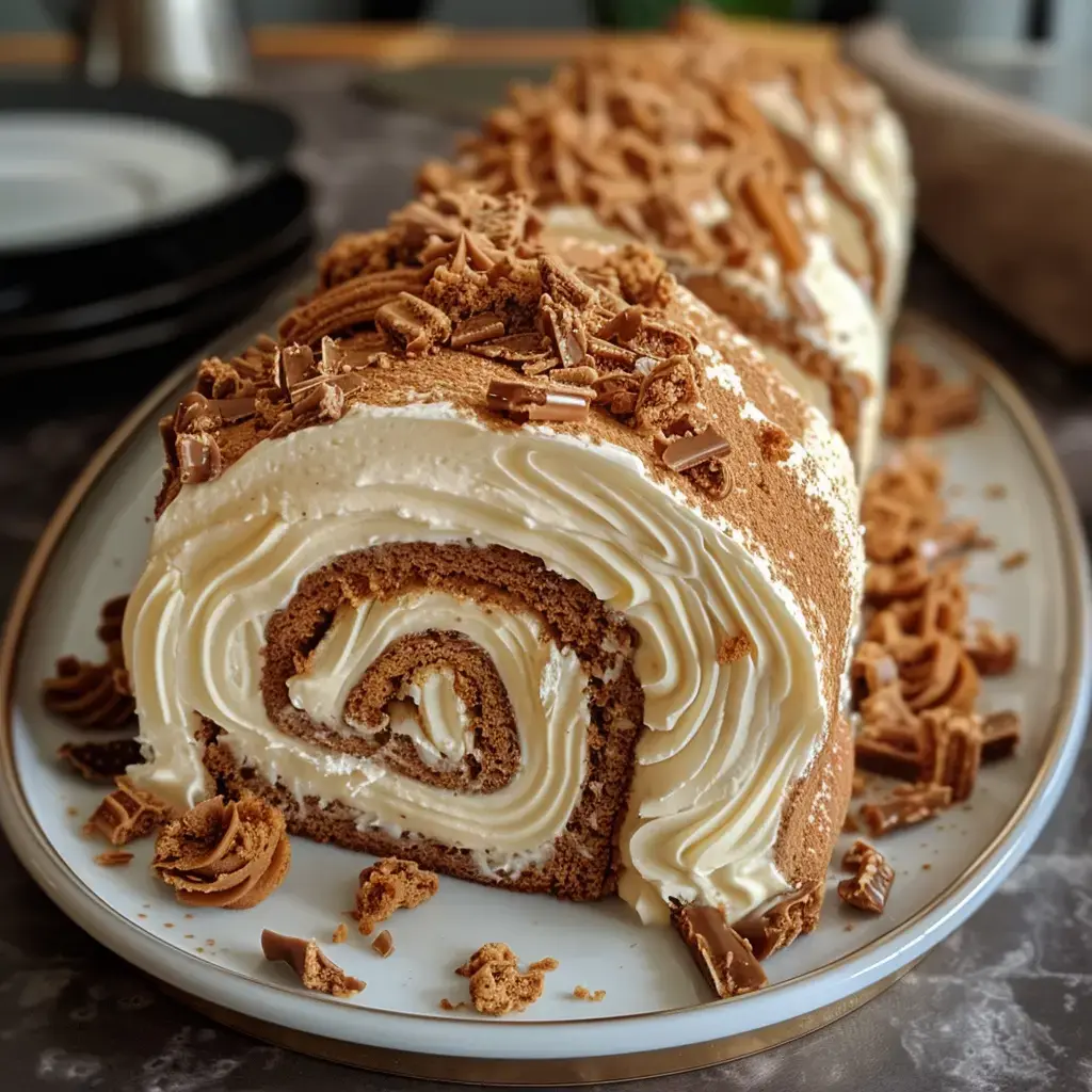 Un gâteau roulé au chocolat garni de crème et décoré de copeaux de chocolat sur une assiette blanche.