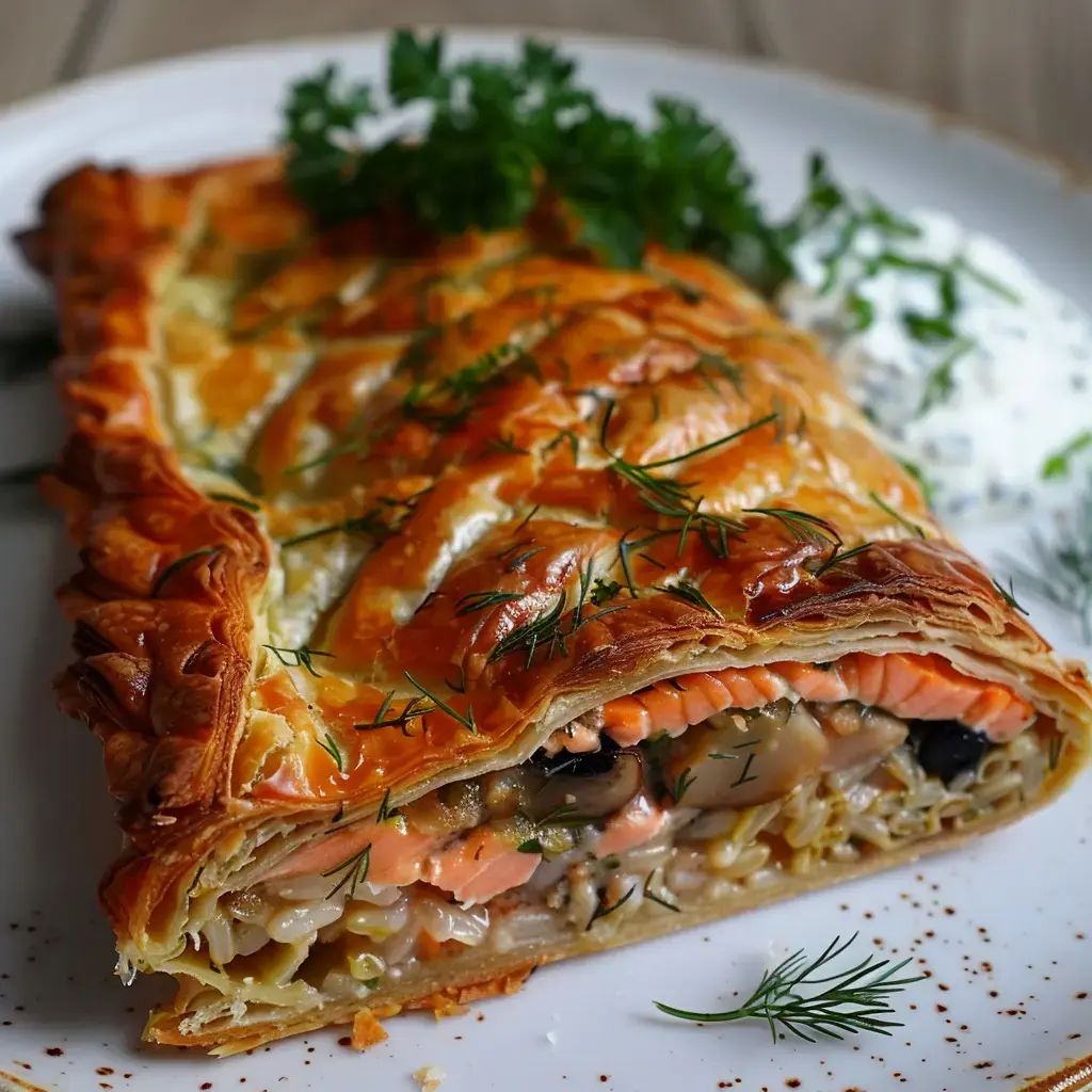 Koulibiac doré servi avec sa sauce au yaourt et ses herbes fraîches