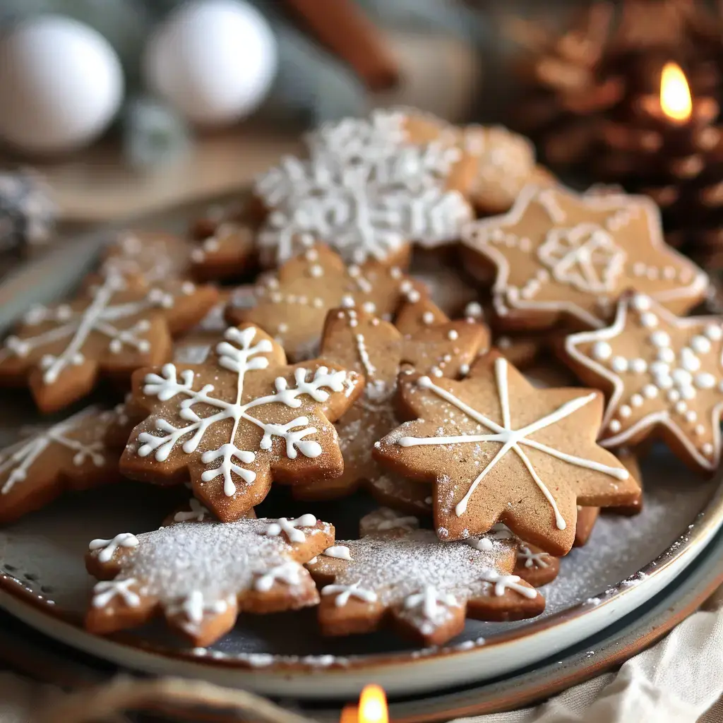 Assiette de sablés de Noël en forme de flocons décorés de glaçage royal