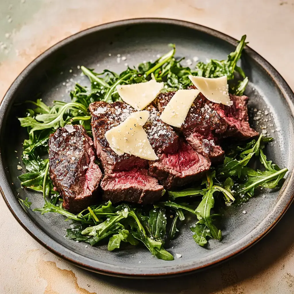 Une entrecôte grillée tranchée sur un lit de roquette avec des copeaux de Comté