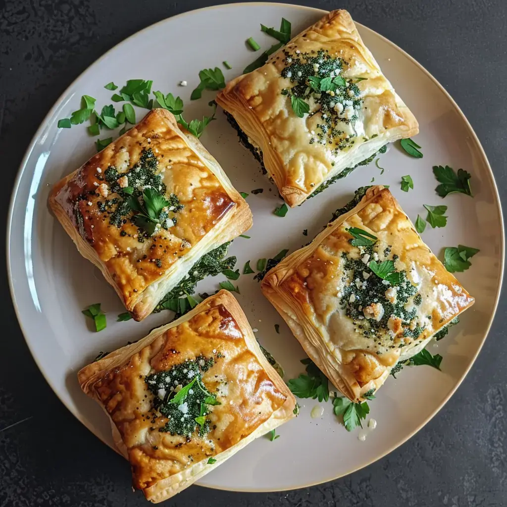 Quatre pastillas feuilletées garnies d'herbes et de fromage, déposées sur une assiette avec des feuilles de persil.