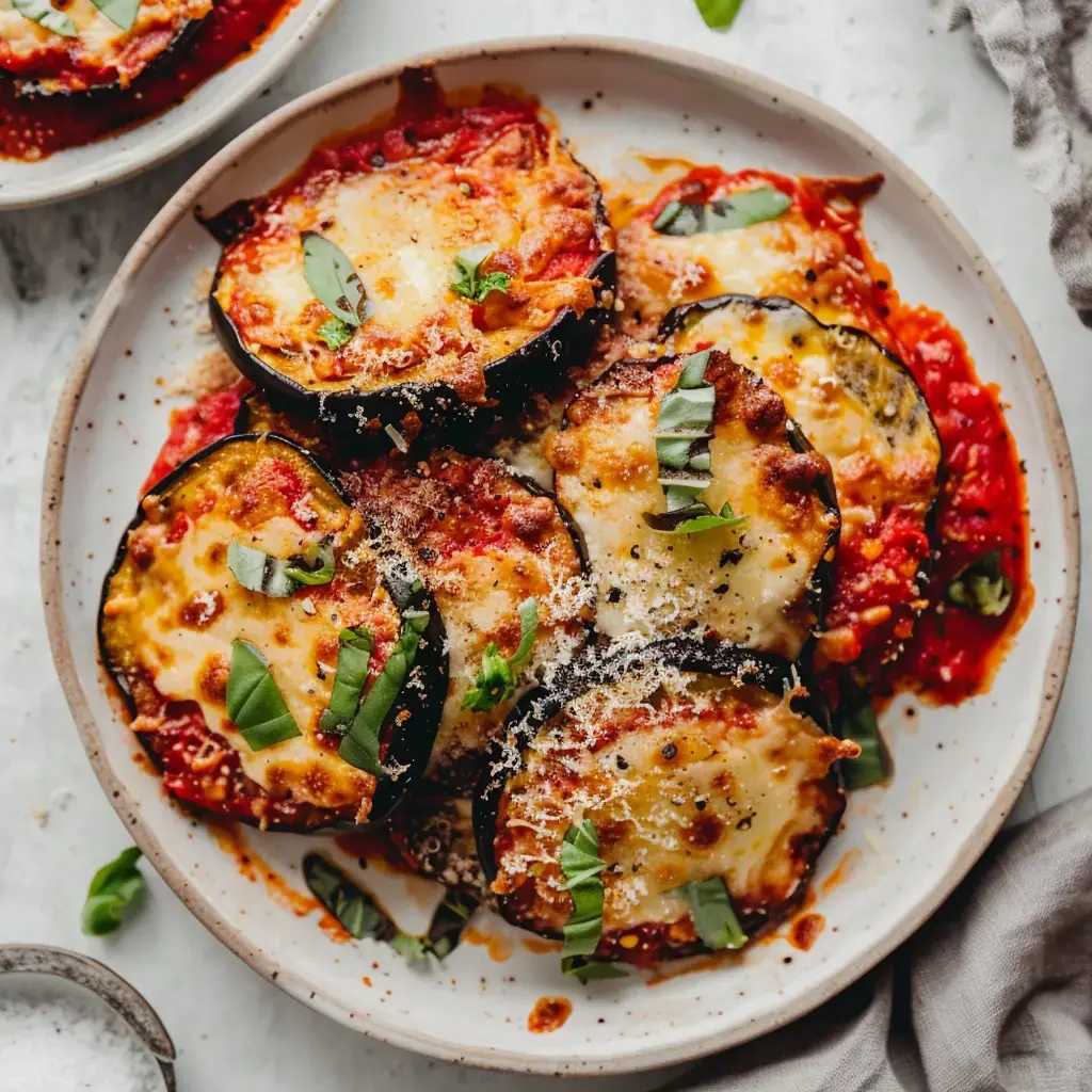 Un gratin d'aubergines à la française avec sa sauce tomate et son fromage gratiné, décoré de persil frais.