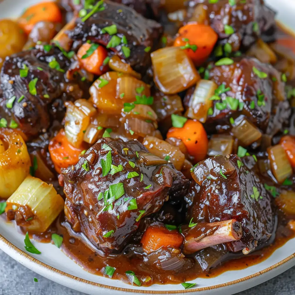 Un plat de viande braisée accompagné de carottes, de céleri et d'oignons dans une sauce riche et savoureuse, garni de persil frais.