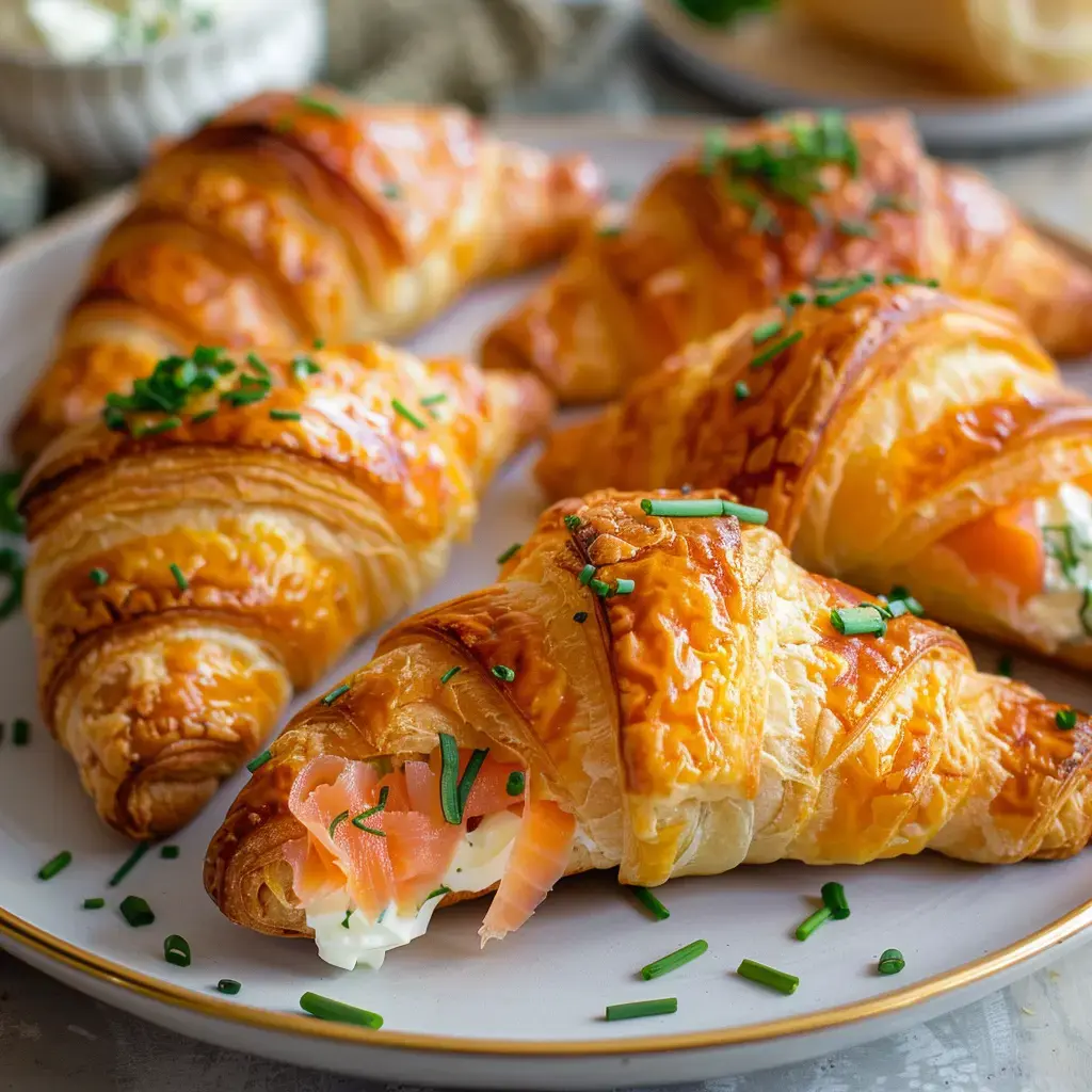 Des feuilletés dorés garnis de saumon et de crème, décorés de ciboulette fraîche, présentés sur une assiette en porcelaine.