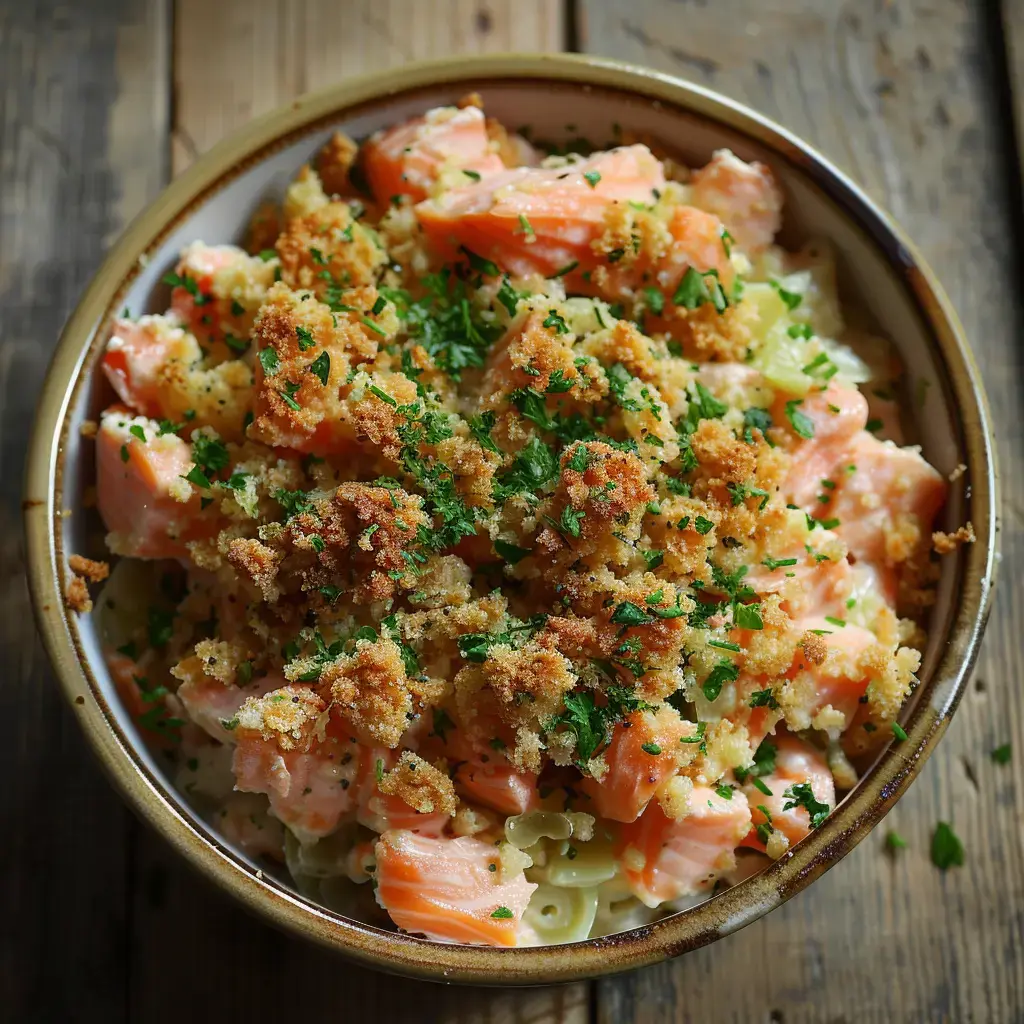 Un crumble au saumon doré et croustillant, garni d'herbes fraîches