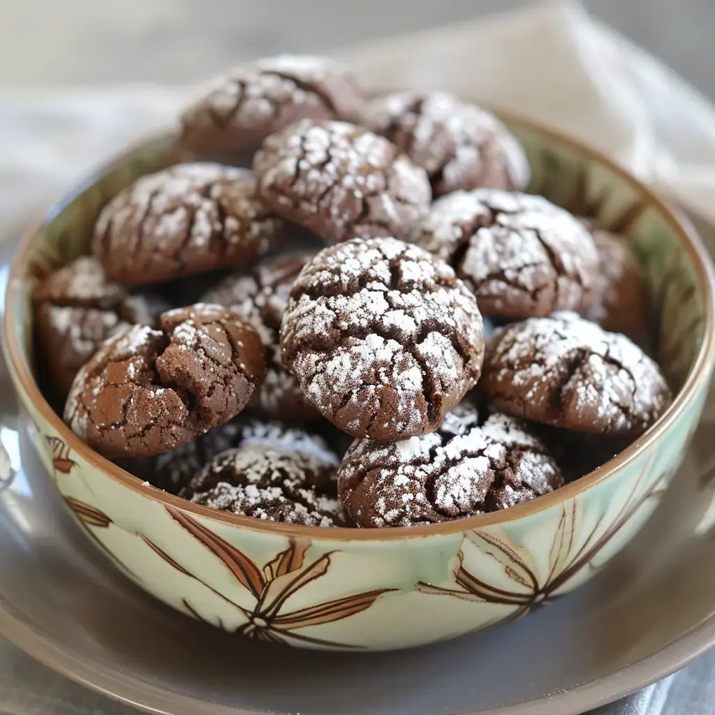 Un bol de crinkles au chocolat noir saupoudrés de sucre glace, montrant leur surface craquelée caractéristique