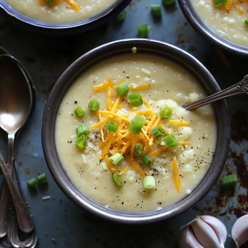 Un bol de velouté crémeux garni de Comté râpé, de ciboulette et de poivre noir, accompagné de croûtons dorés