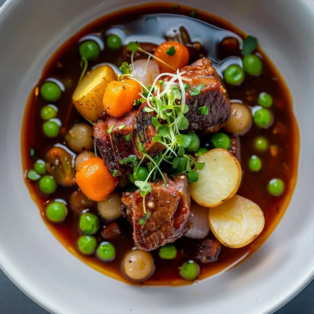 Un navarin d'agneau traditionnel servi dans une cocotte en fonte, garni de légumes printaniers et nappé de sauce.