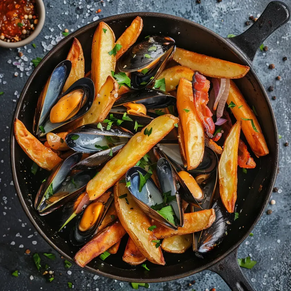 Un plat de moules et de frites dorées, garni de persil frais, servi dans une poêle.