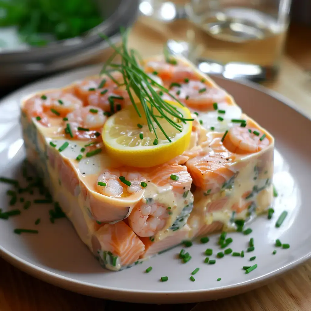 Terrine de fruits de mer dressée avec citron et ciboulette