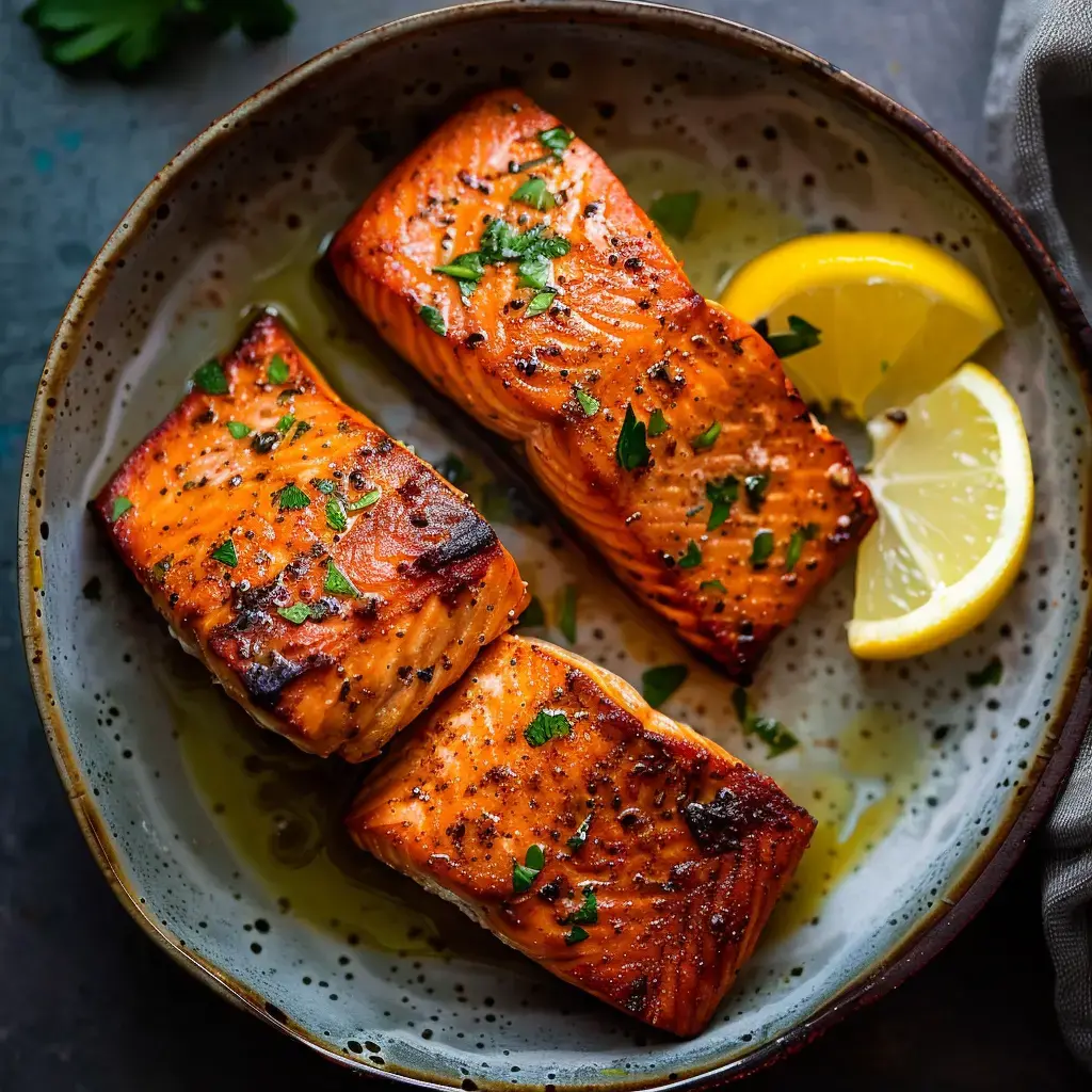 Filets de saumon grillés garnés de persil et accompagnés de quartiers de citron, présentés dans une assiette.