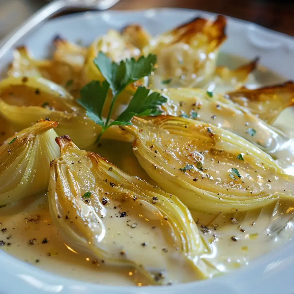 Un plat d'endives à la crème, joliment dorées et nappées de sauce crémeuse.