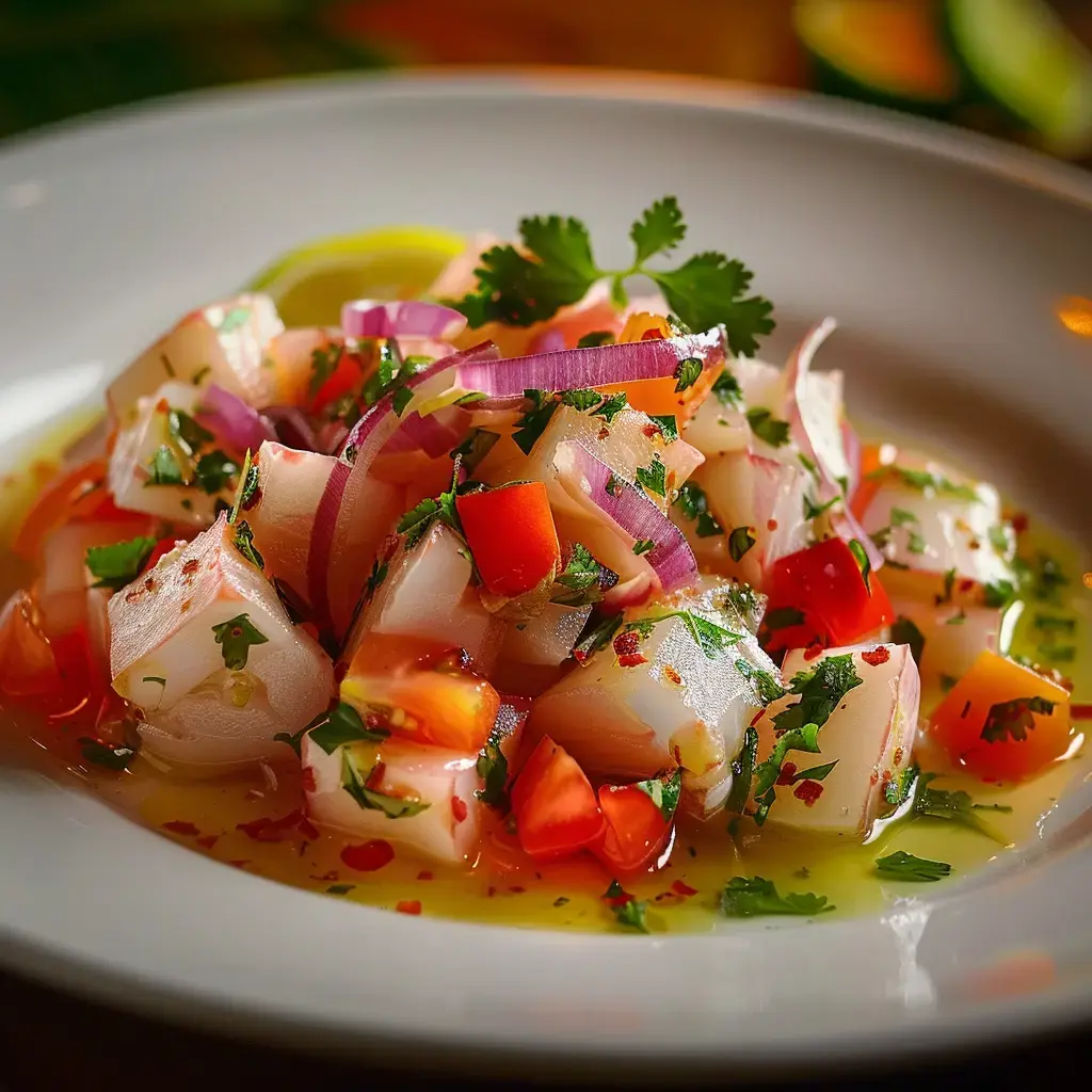 Salade de poisson avec des tomates, des oignons rouges et de la coriandre, le tout assaisonné d'une vinaigrette.