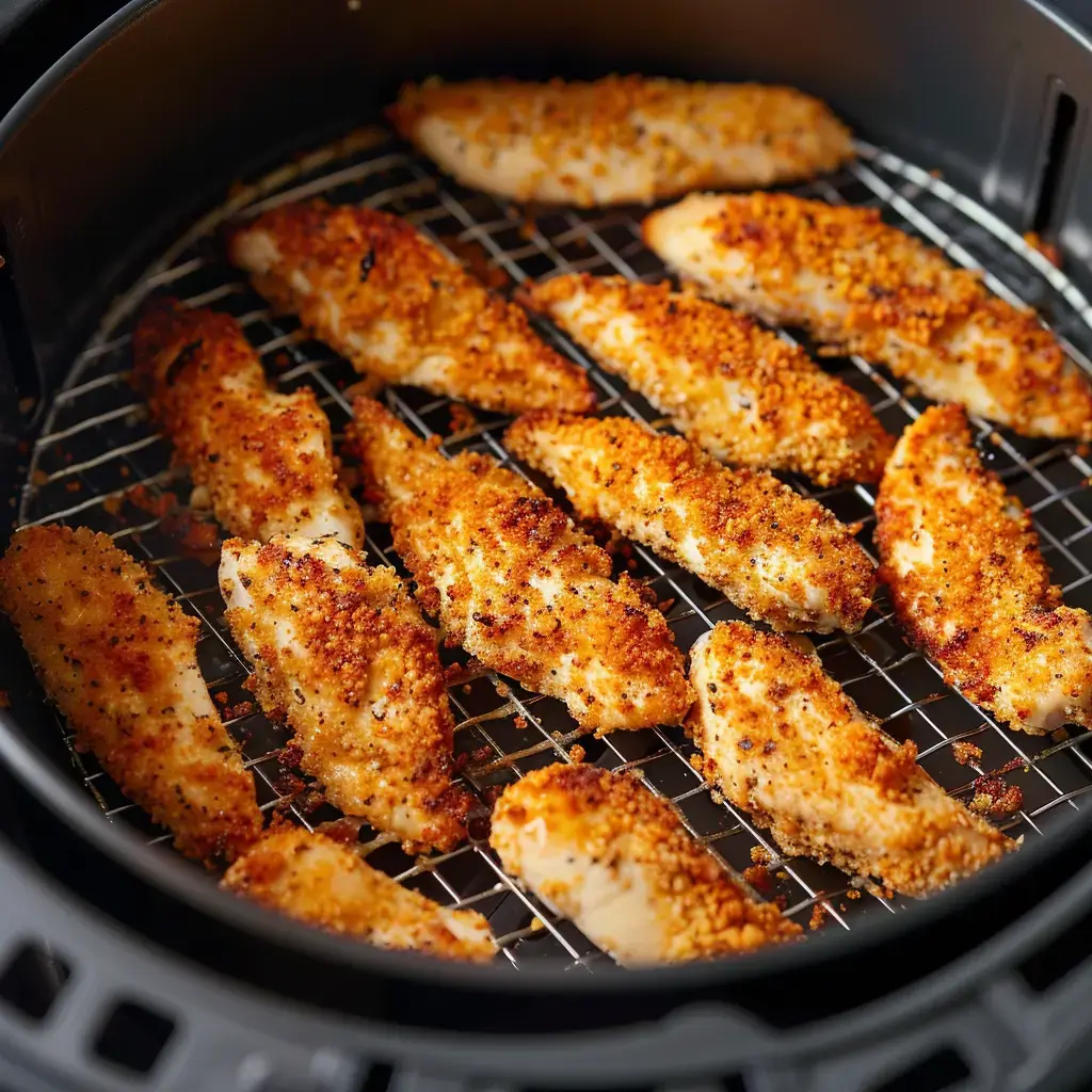 Des nuggets de poulet dorés cuisent dans un air fryer.