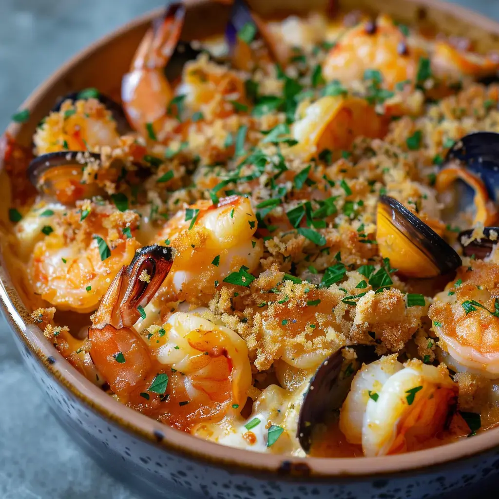 Gratin de fruits de mer doré et garni de persil frais, avec des Saint-Jacques et moules apparentes