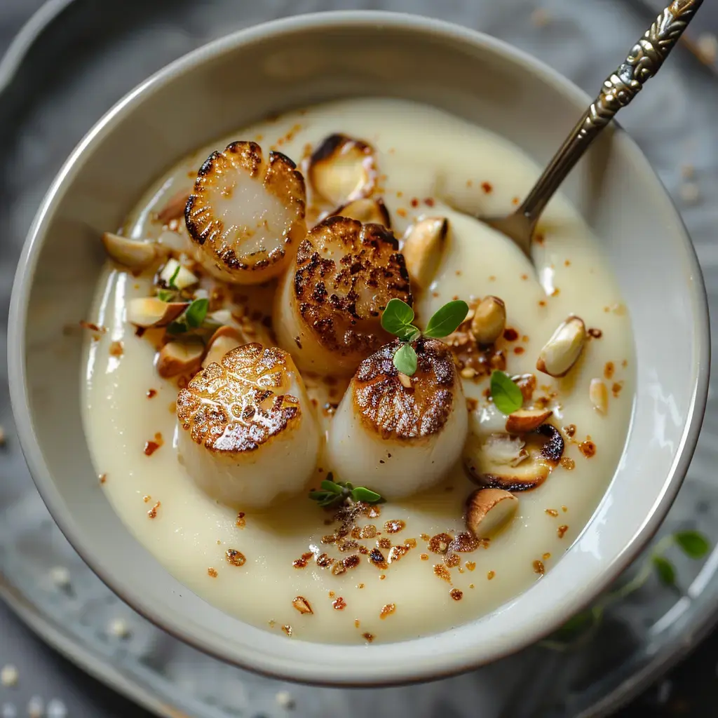 Velouté de panais crémeux garni de coquilles Saint-Jacques dorées, parsemé de noisettes torréfiées et d'herbes fraîches