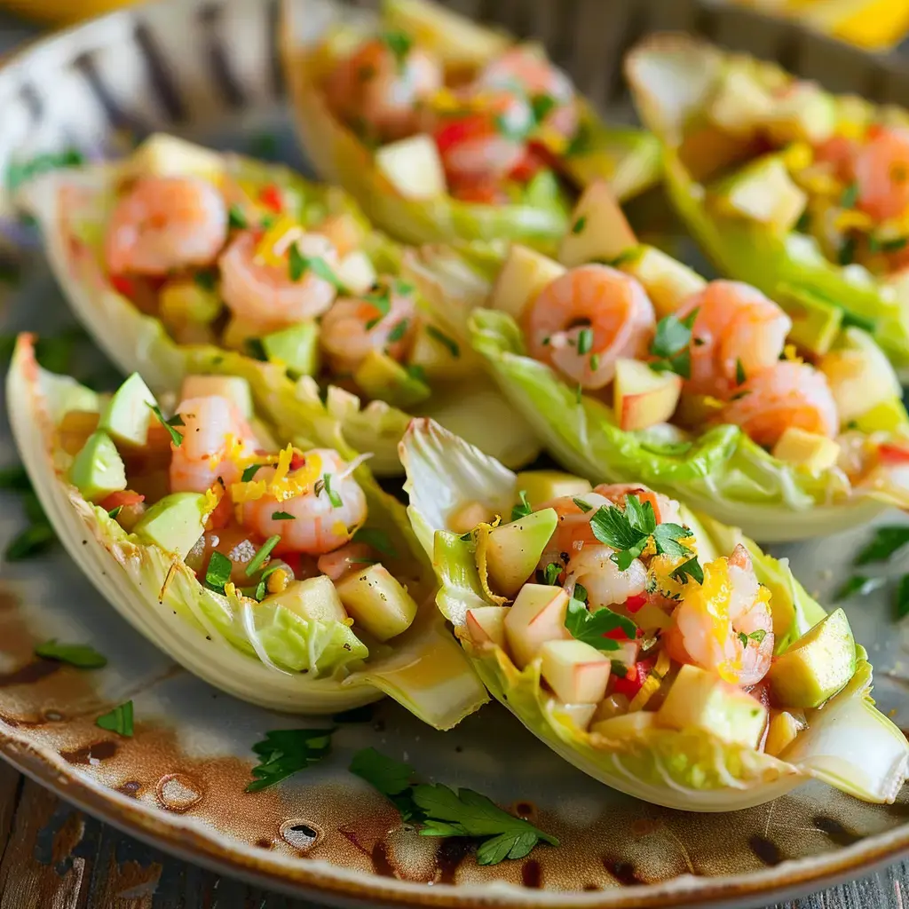 Feuilles d'endives garnies de crevettes et dés de pomme, décorées de persil frais