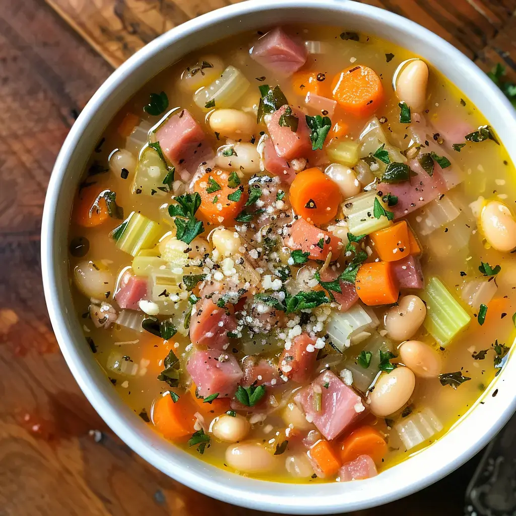 Une soupe colorée avec des dés de jambon, des haricots blancs, des carottes, du céleri et des herbes fraîches, servie dans un bol blanc.